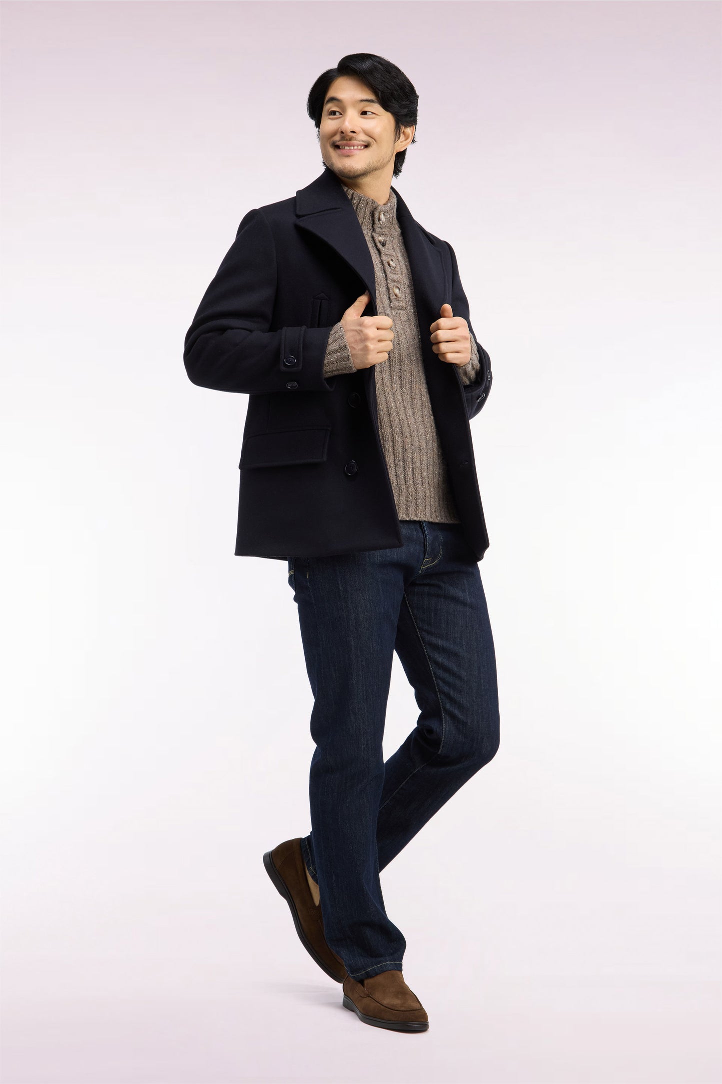 Manteau cabas double boutonnage en lainage marine coupe droite