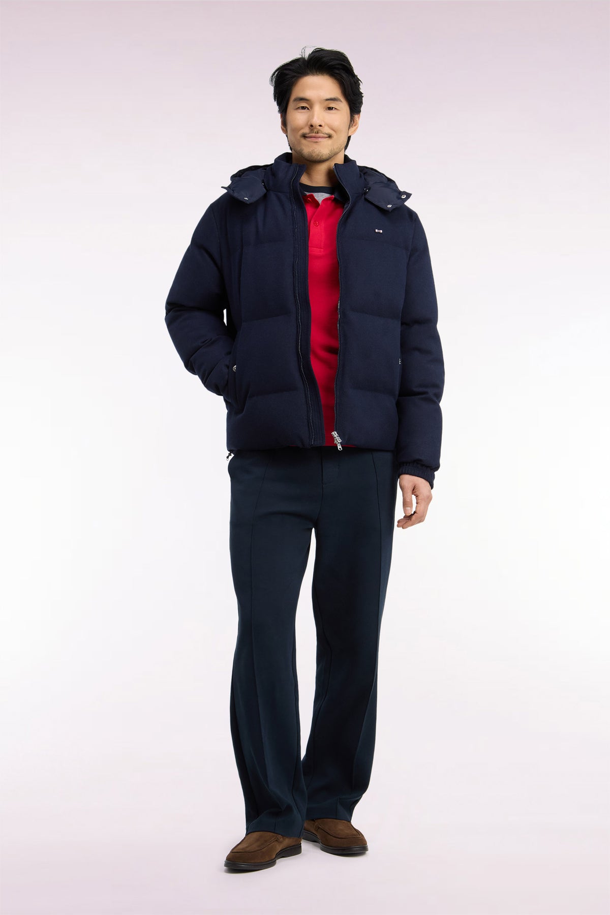 Navy flannel down jacket with removable hood