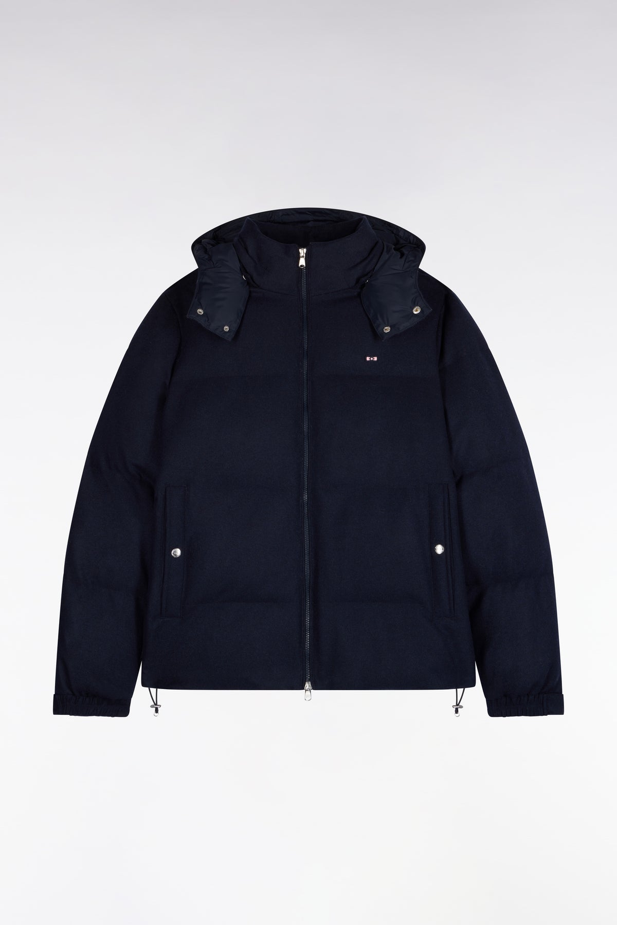 Navy flannel down jacket with removable hood