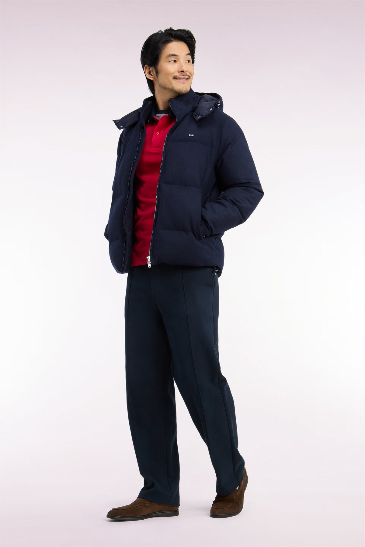 Navy flannel down jacket with removable hood