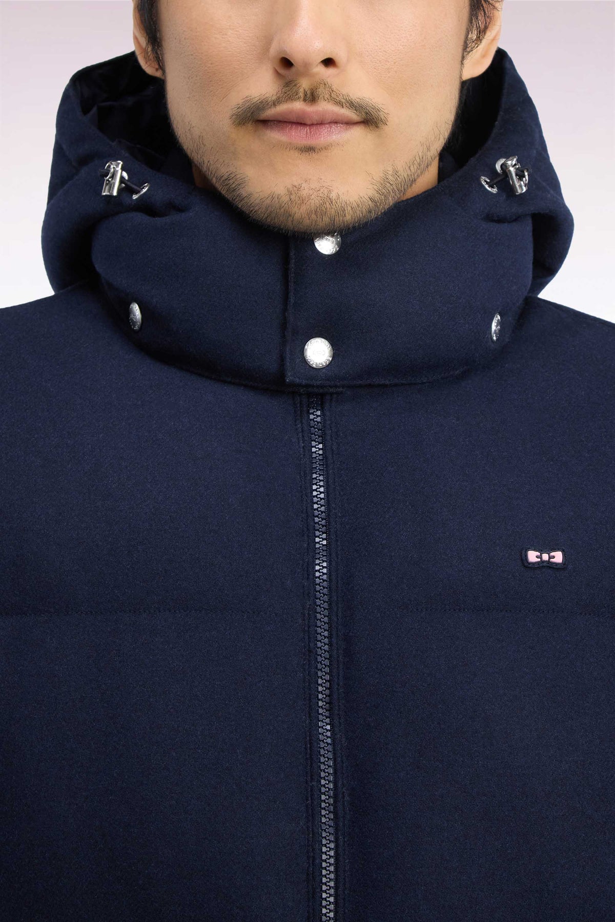 Navy flannel down jacket with removable hood
