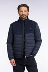 Dual-material down jacket in nylon and navy flannel