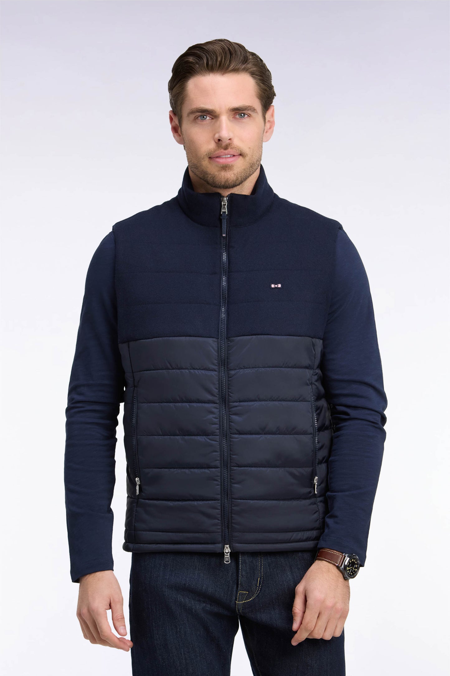 Doudoune sans manches bimatière en nylon et flanelle marine