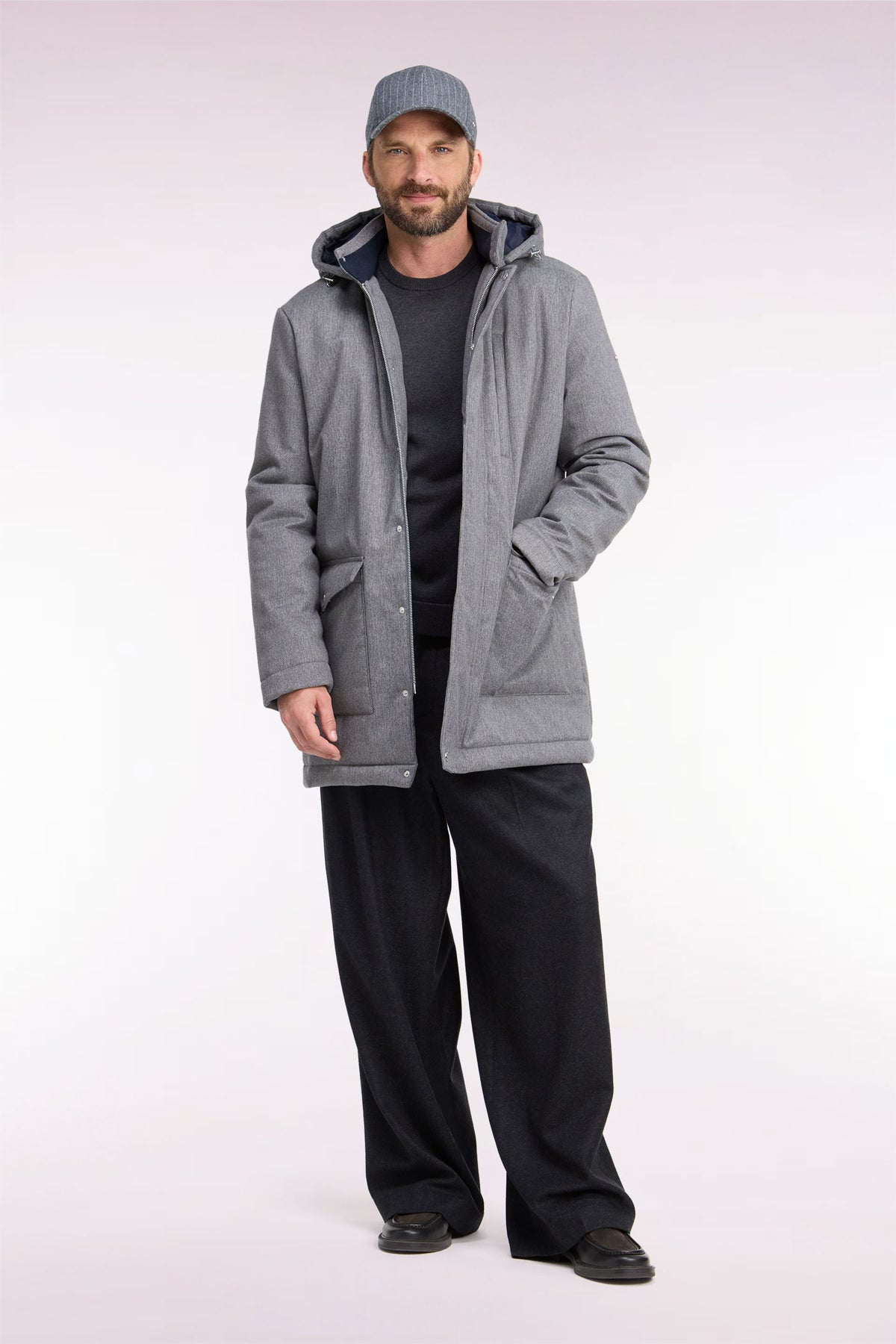 Gray flannel-style parka