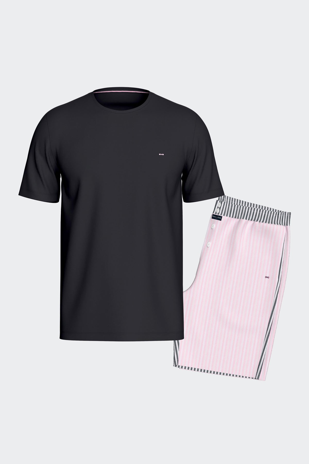 Short cotton pajamas set Navy T-shirt and navy and pink stick-striped shorts