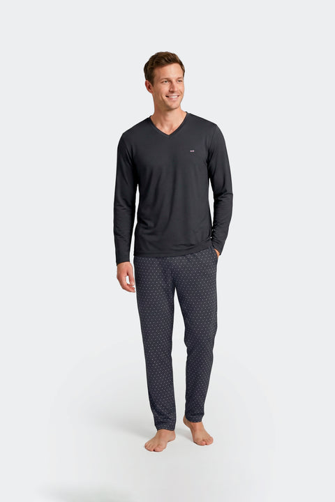Ensemble pyjama long en coton T-shirt uni marine et pantalon imprimé pois - Image 2