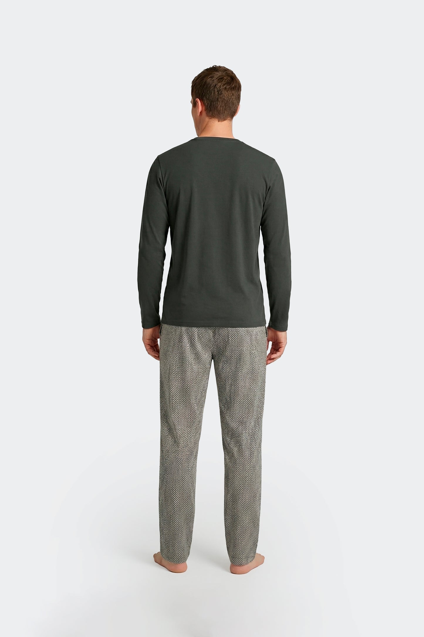 Ensemble pyjama long en coton T-shirt uni et pantalon à micromotifs pois kaki