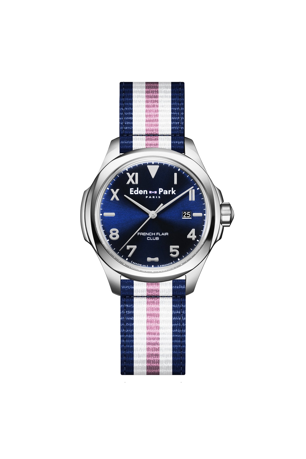 Quartz watch with blue background and tricolor NATO strap