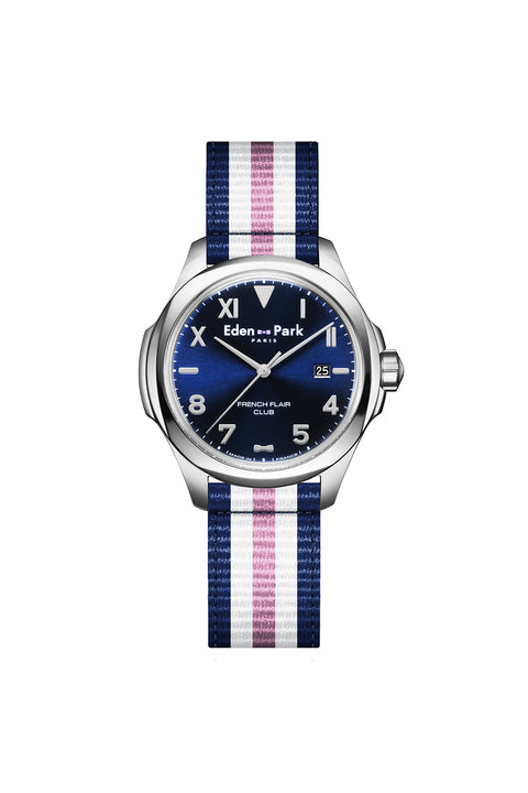 Quartz watch with blue background and tricolor NATO strap - Image 1