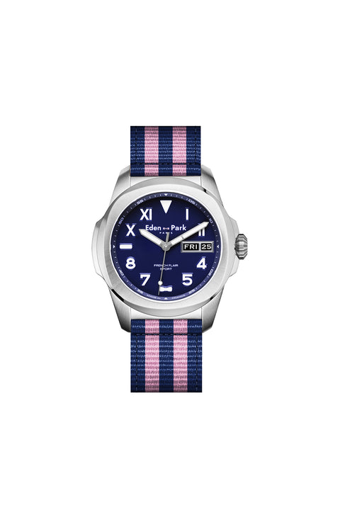 Montre à quartz indicateur date fond bleu bracelet NATO rayé - Image 1