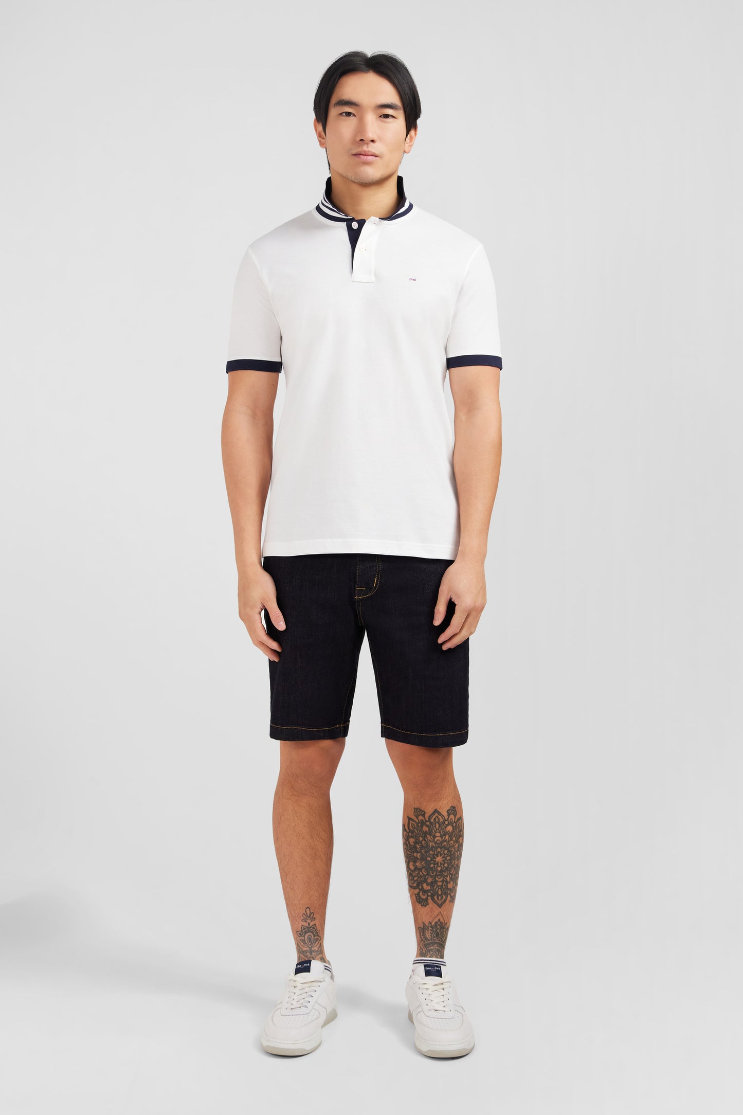 White pima cotton polo with contrasting accents