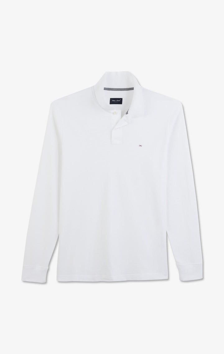 Polo manches longues blanc uni en piqué de coton stretch