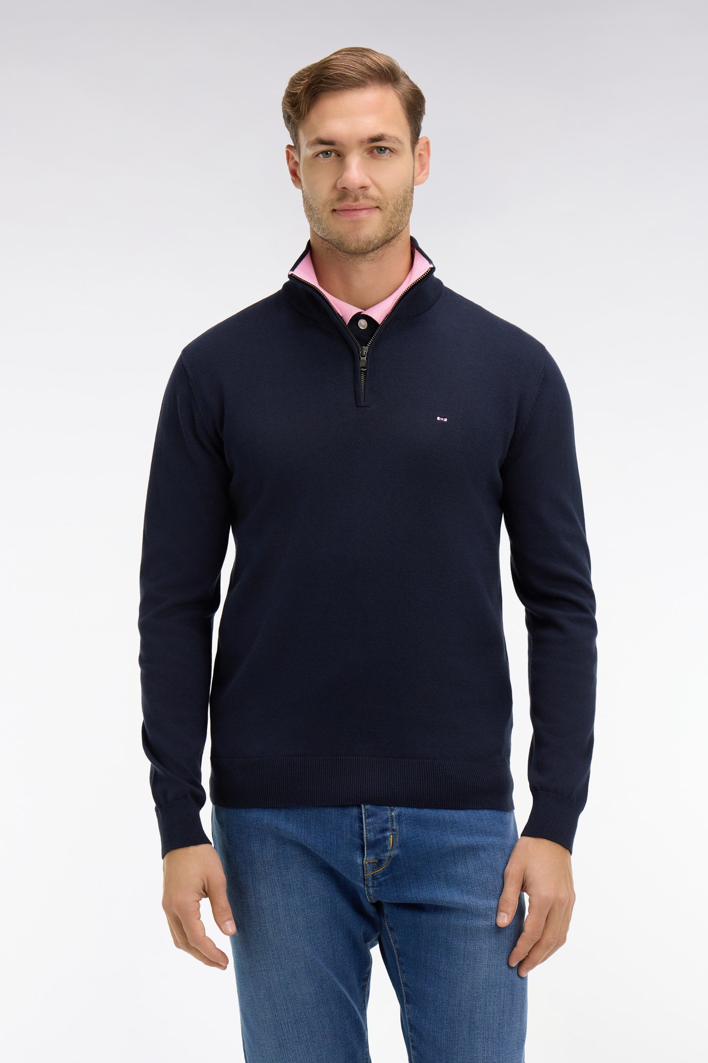 Navy blue cotton jersey jumper with trucker neck