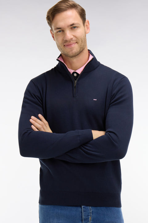 Navy blue cotton jersey jumper with trucker neck - Image 1