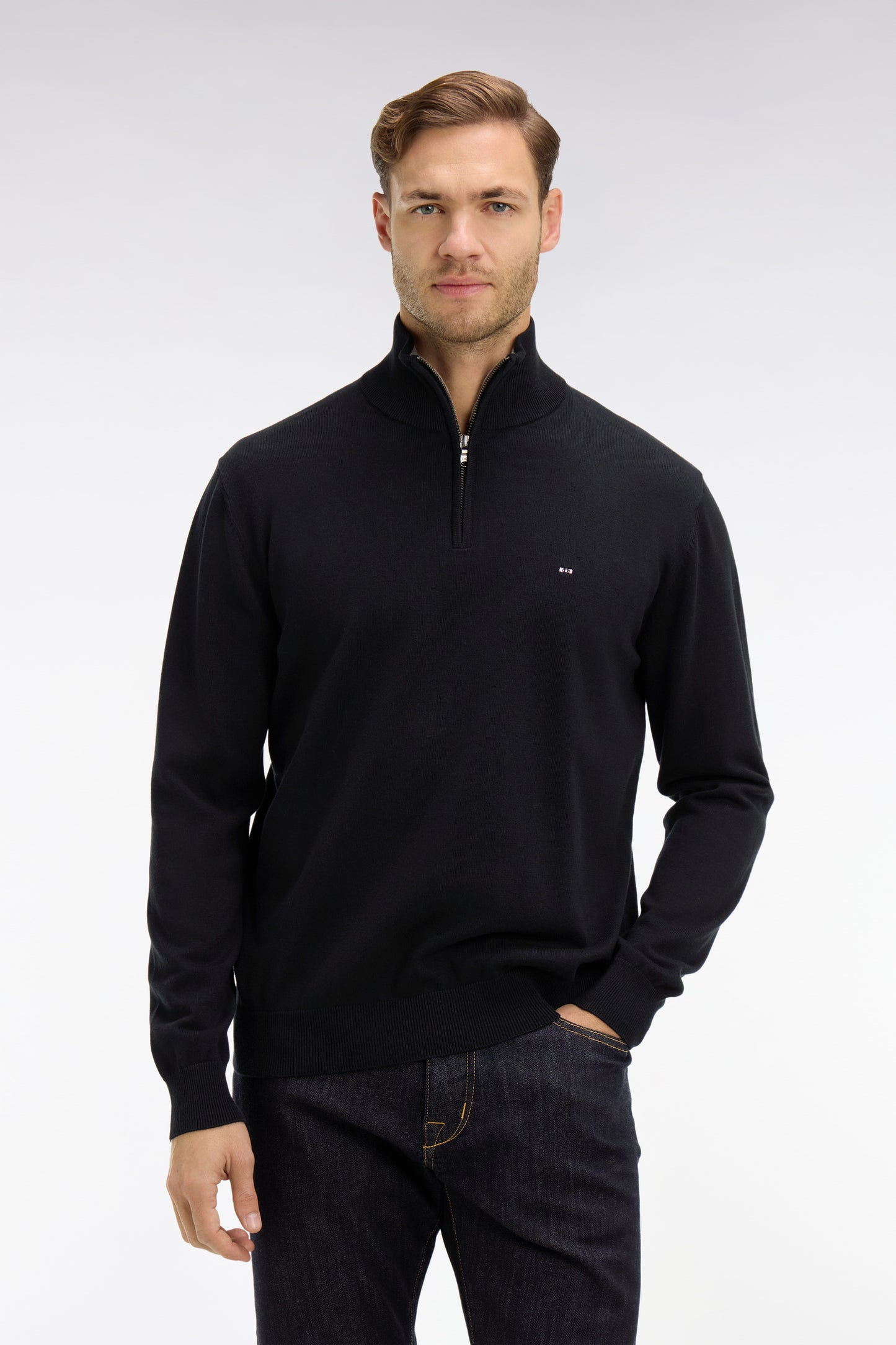Black cotton jersey jumper with trucker neck