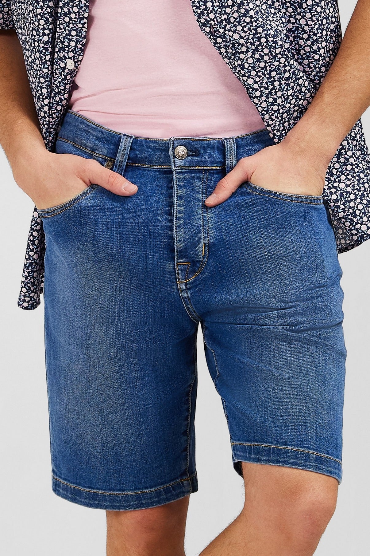 Dark blue denim shorts with faded effect