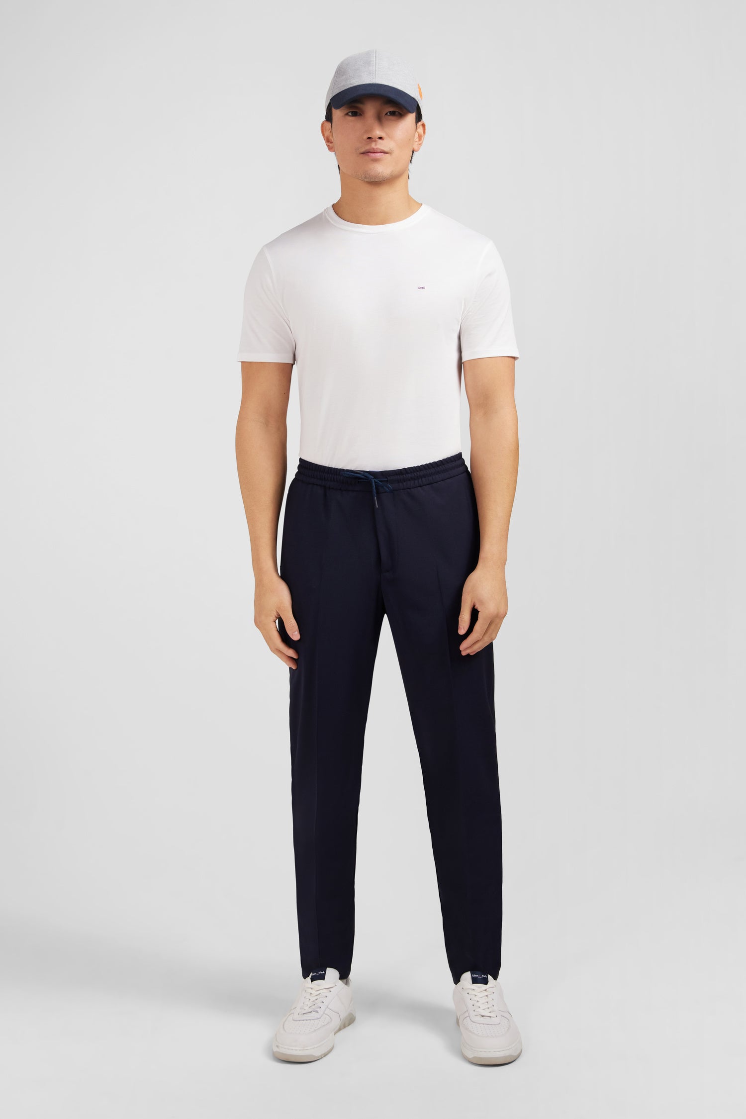 Navy blue trousers with elasticated waist