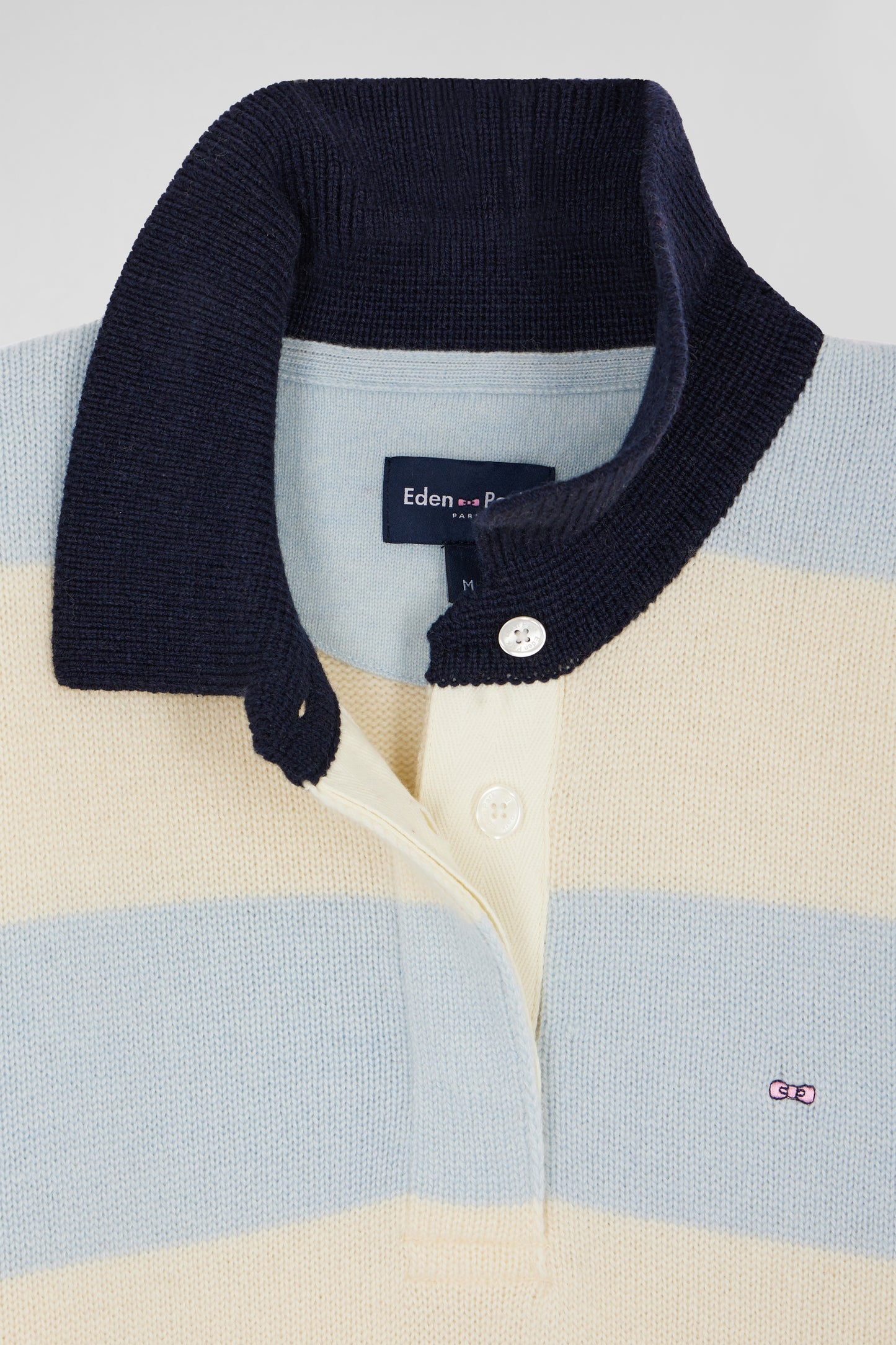 Blue and ecru striped wool and cashmere polo-neck sweater
