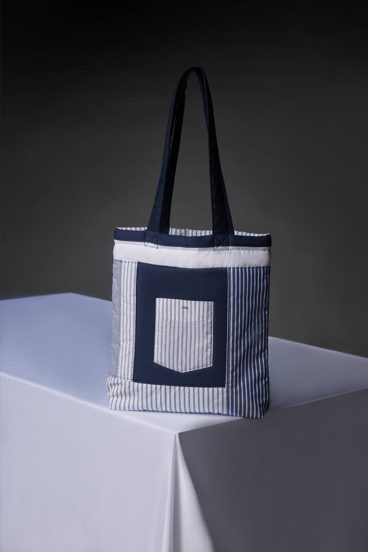 Sac cabas upcyclé Pap'Atelier en patchwork de coton rayé matelassé