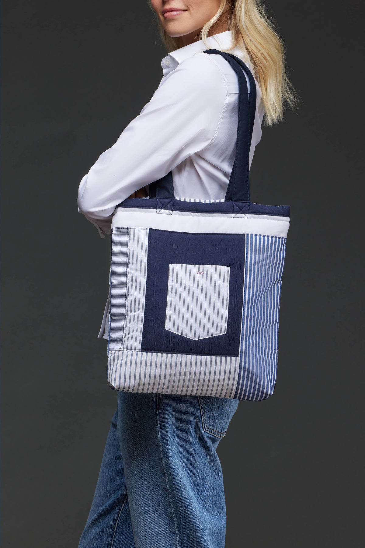 Sac cabas upcyclé Pap'Atelier en patchwork de coton rayé matelassé