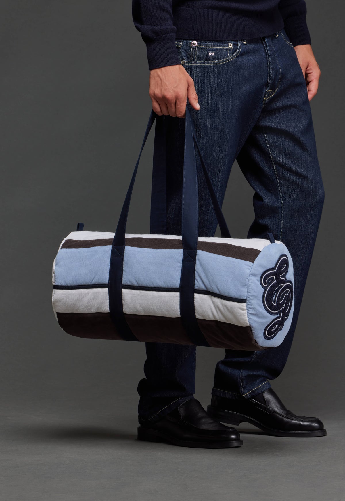 Sac polochon en velours rayé bleu upcyclé Pap'Atelier