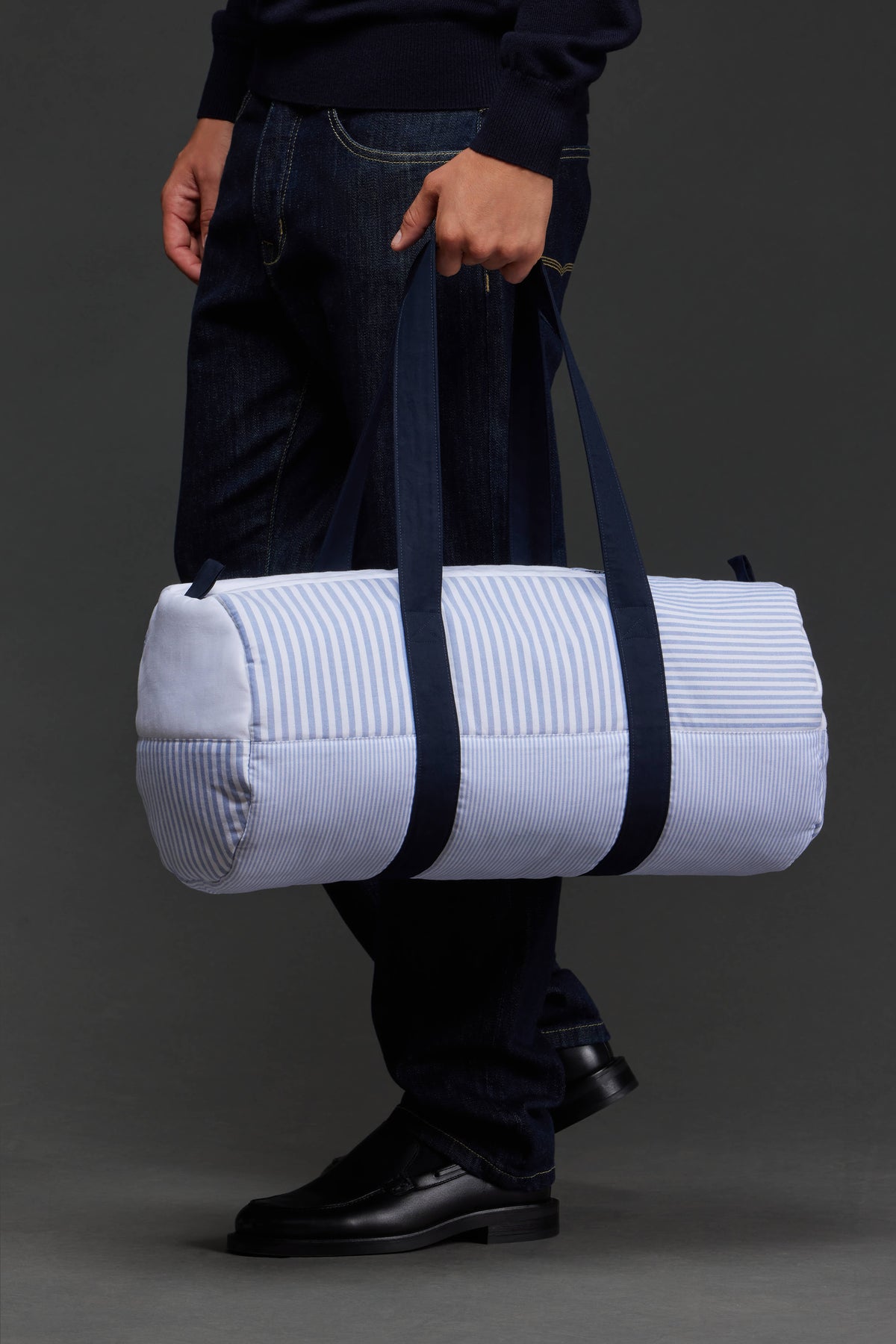 Sac polochon upcyclé Pap'Atelier en coton ciel rayé matelassé