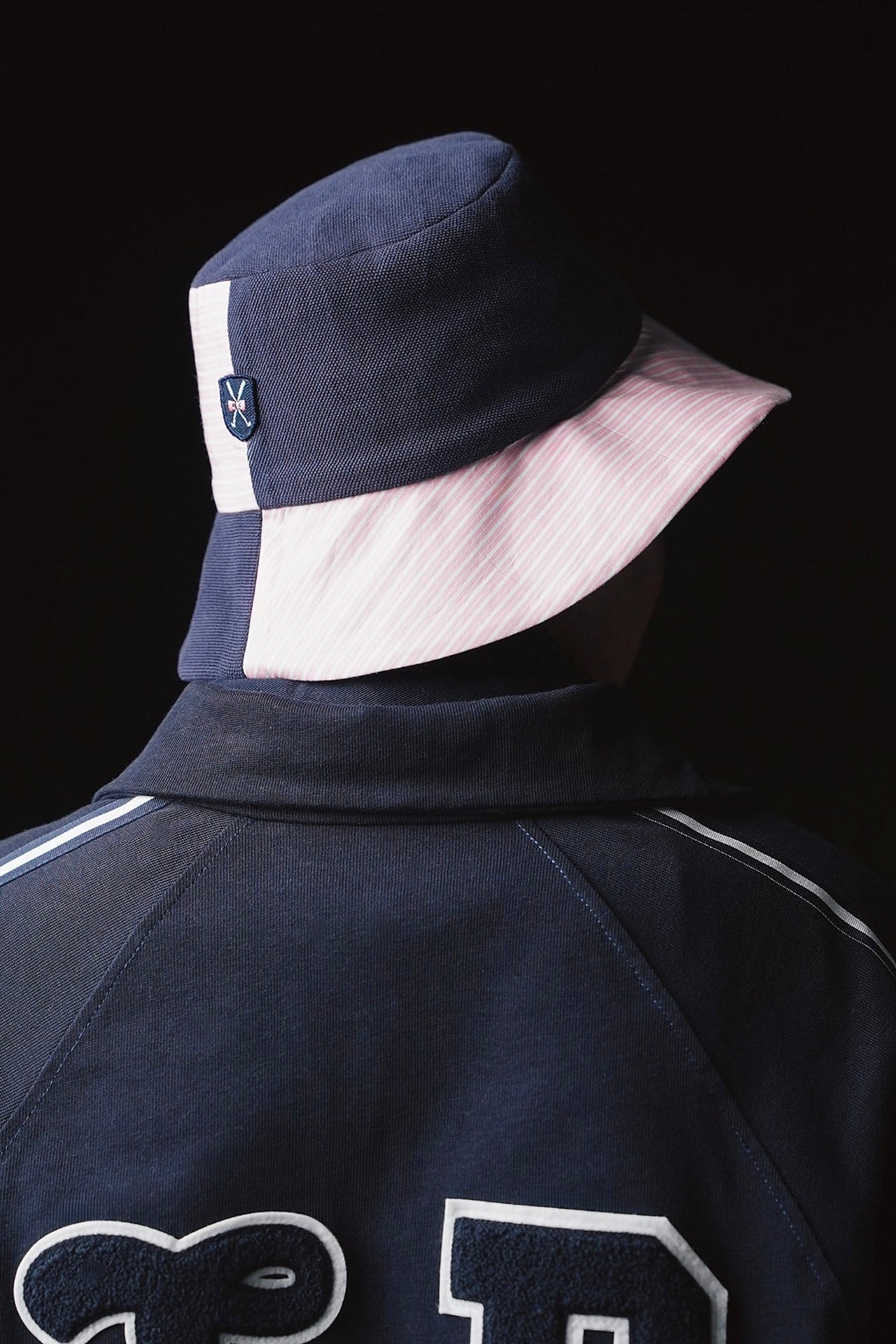Two-tone cut and sewn pink and navy bob with EP Pap'atelier crest