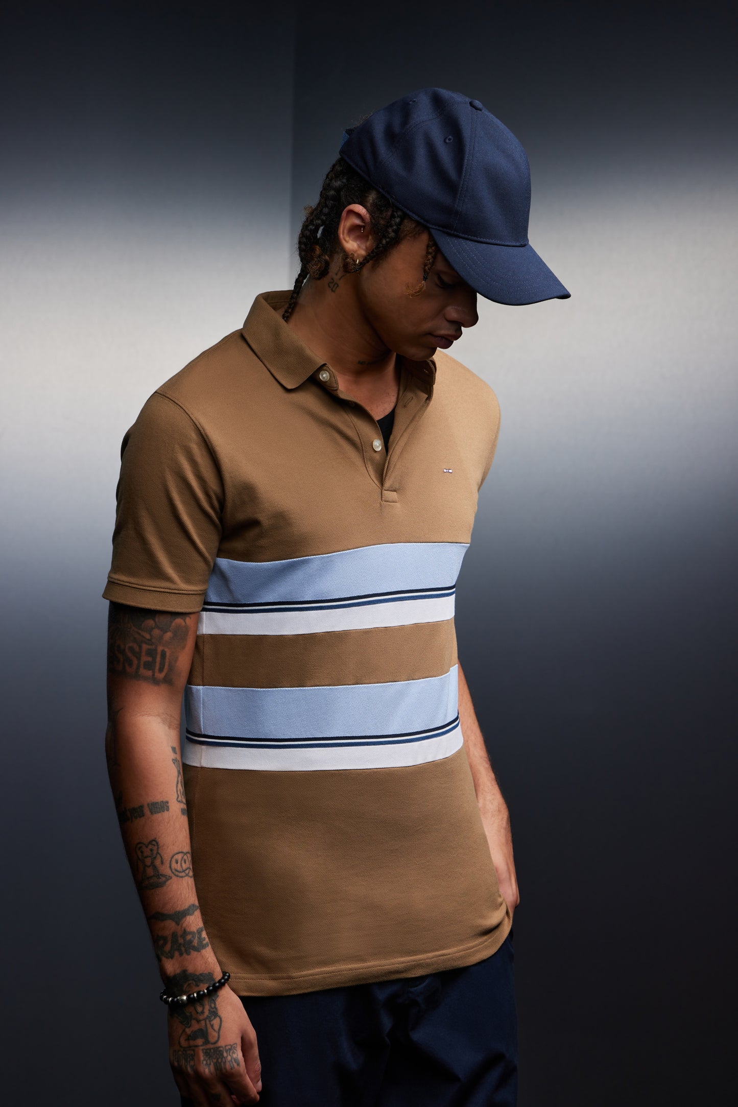 Camel cotton jersey with sky stripes cut and sewn upcycled Pap'Atelier