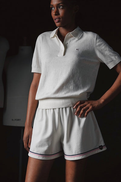 Pap'atelier white shorts with elastic waist striped trims and crest