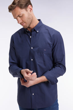 Cotton poplin shirt with blue micro-patterns, straight cut - Image 3