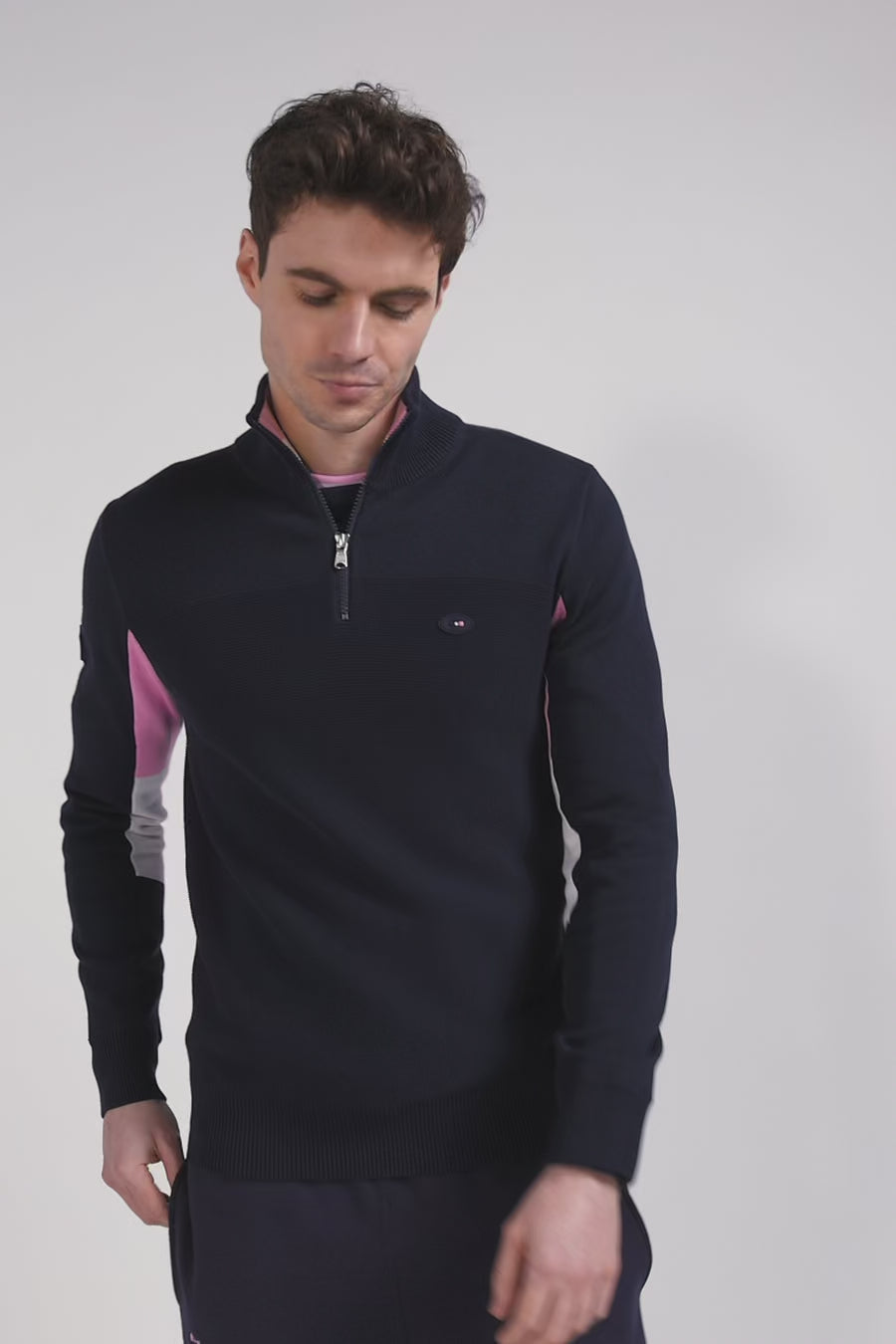 Regular navy blue XV de France cotton semi-zipped jumper