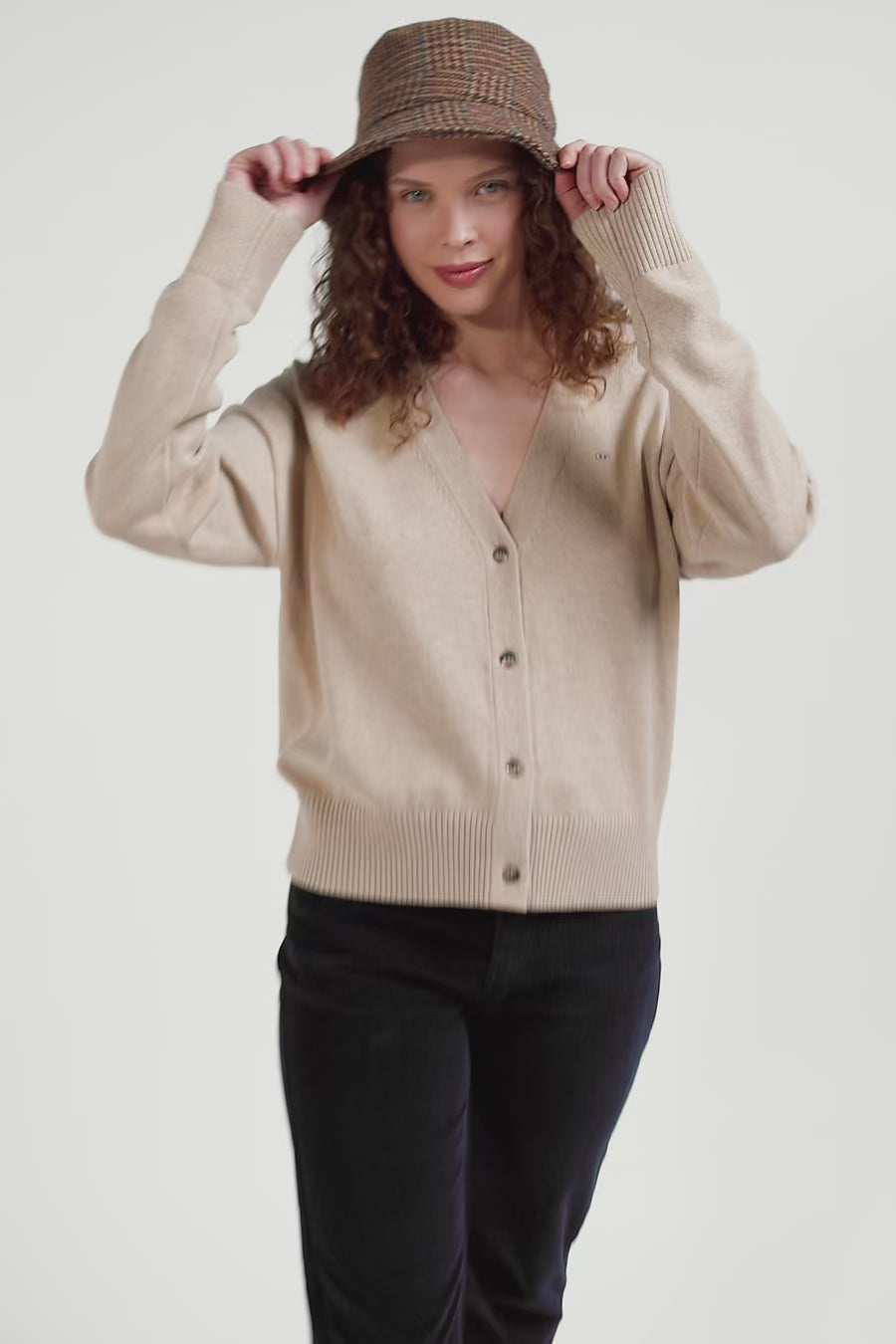 Cardigan en laine et coton beige coupe Relaxed