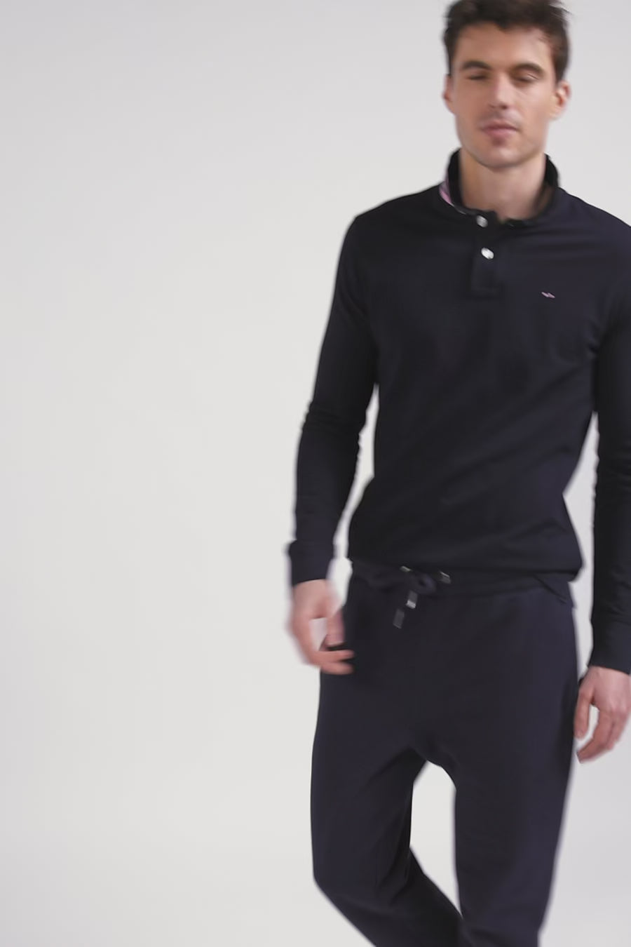 Regular navy long-sleeved cotton piqué polo shirt