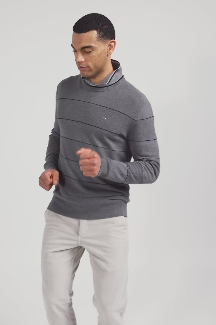 Regular grey striped cotton and cashmere crew neck jumper