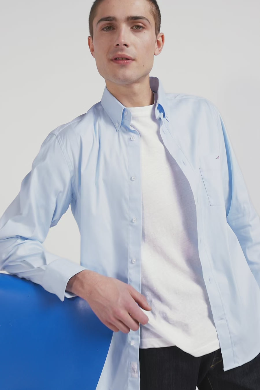 Regular plain sky blue mixed stretch cotton shirt