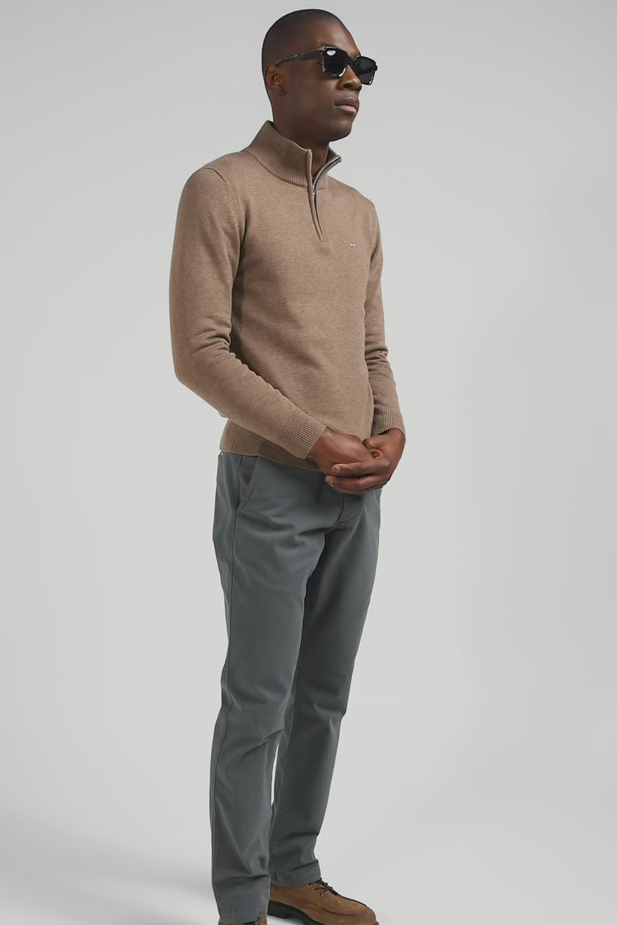 Regular brown semi-zipped wool and cotton jumper