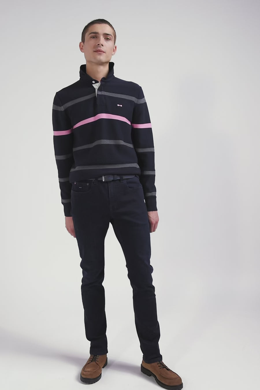 Regular navy blue striped cotton polo neck jumper