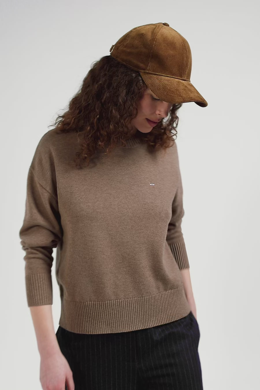 Pull col rond en laine et coton marron coupe Relaxed