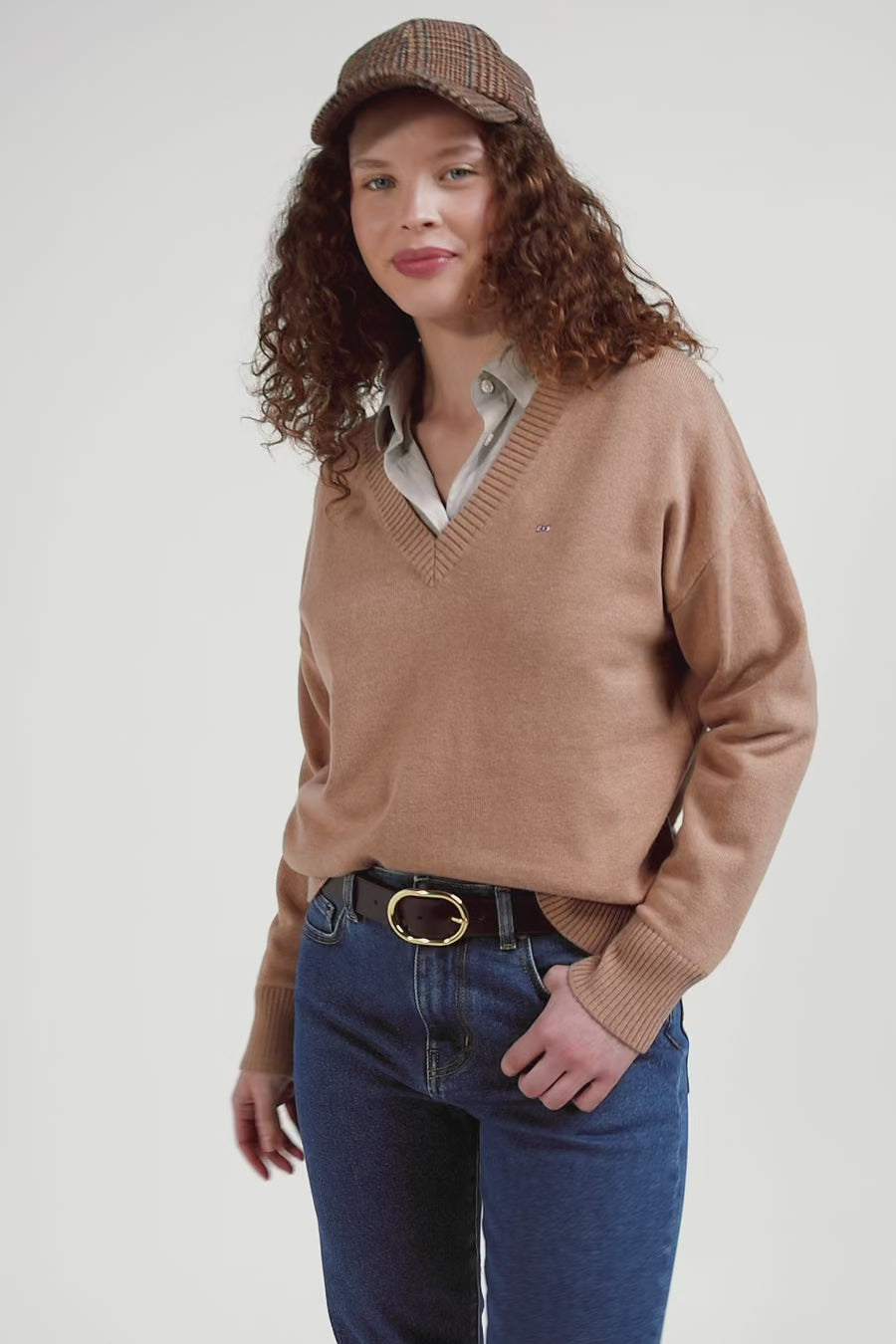 Pull col V en laine et coton camel coupe Relaxed