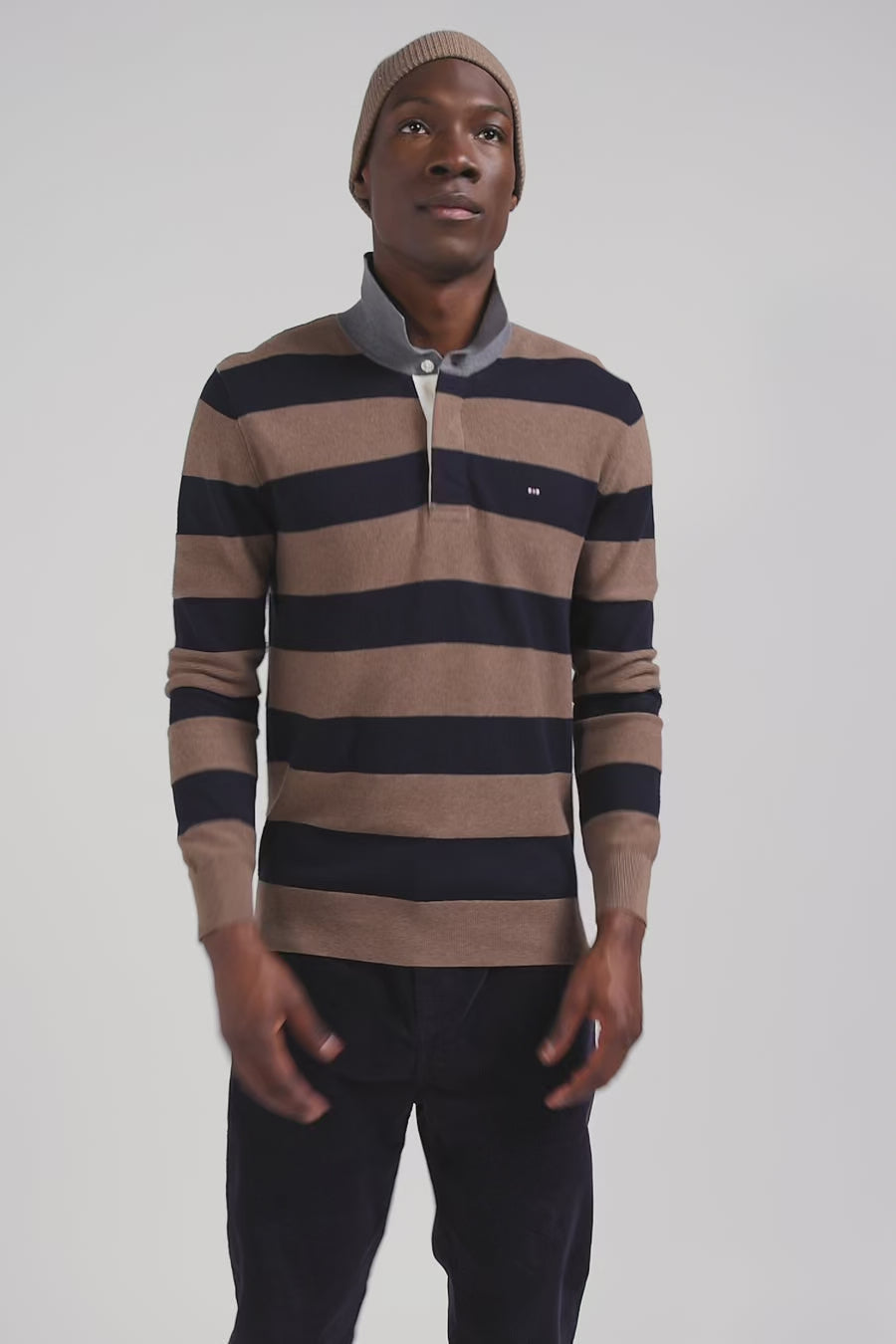 Regular brown striped cotton and cashmere jumper with rugby shirt collar