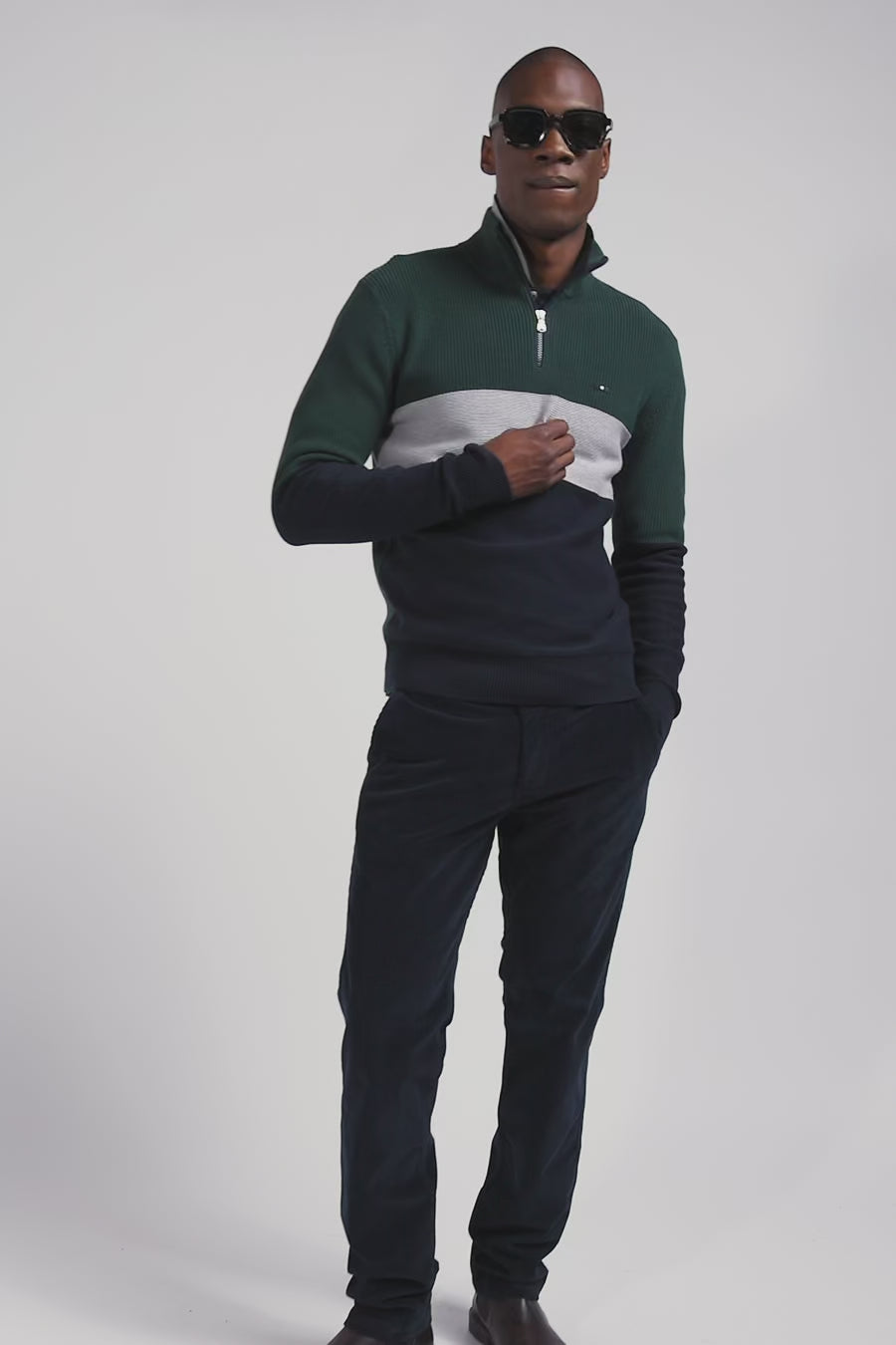 Regular green semi-zipped cotton jumper with knit patterns