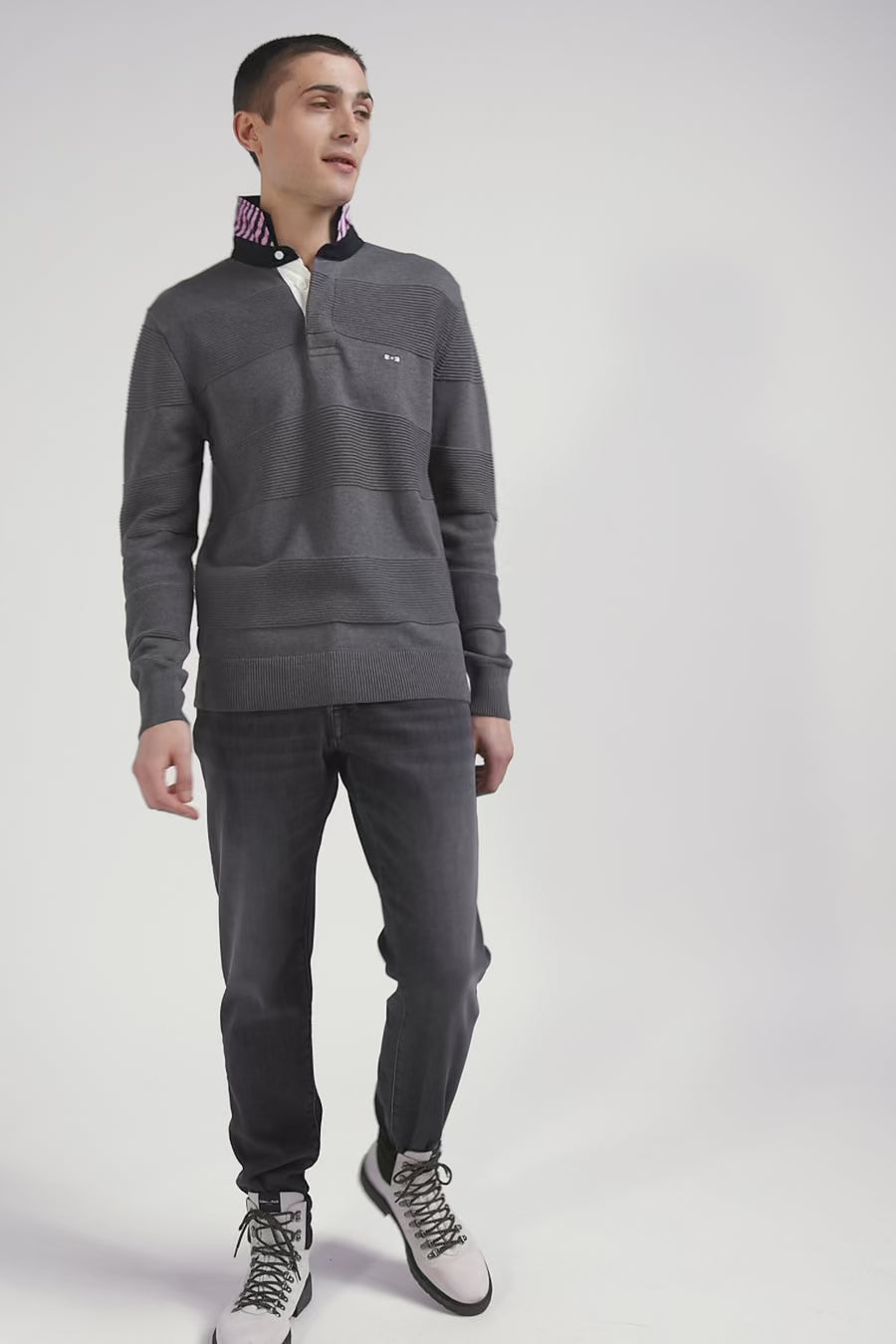 Pull col polo en coton gris anthracite coupe Regular