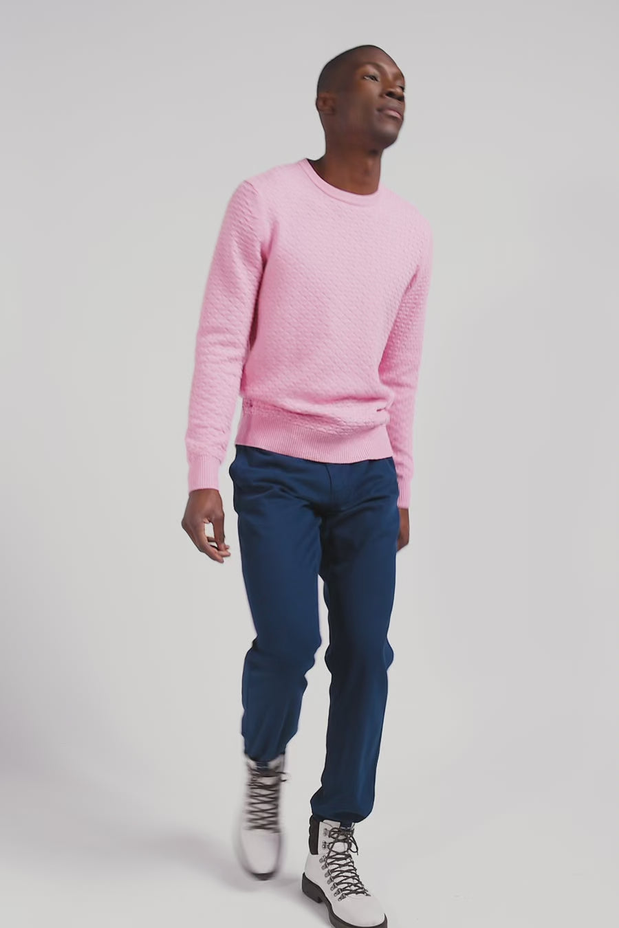 Regular pink wool and cotton crew neck jumper with micro bow tie effect