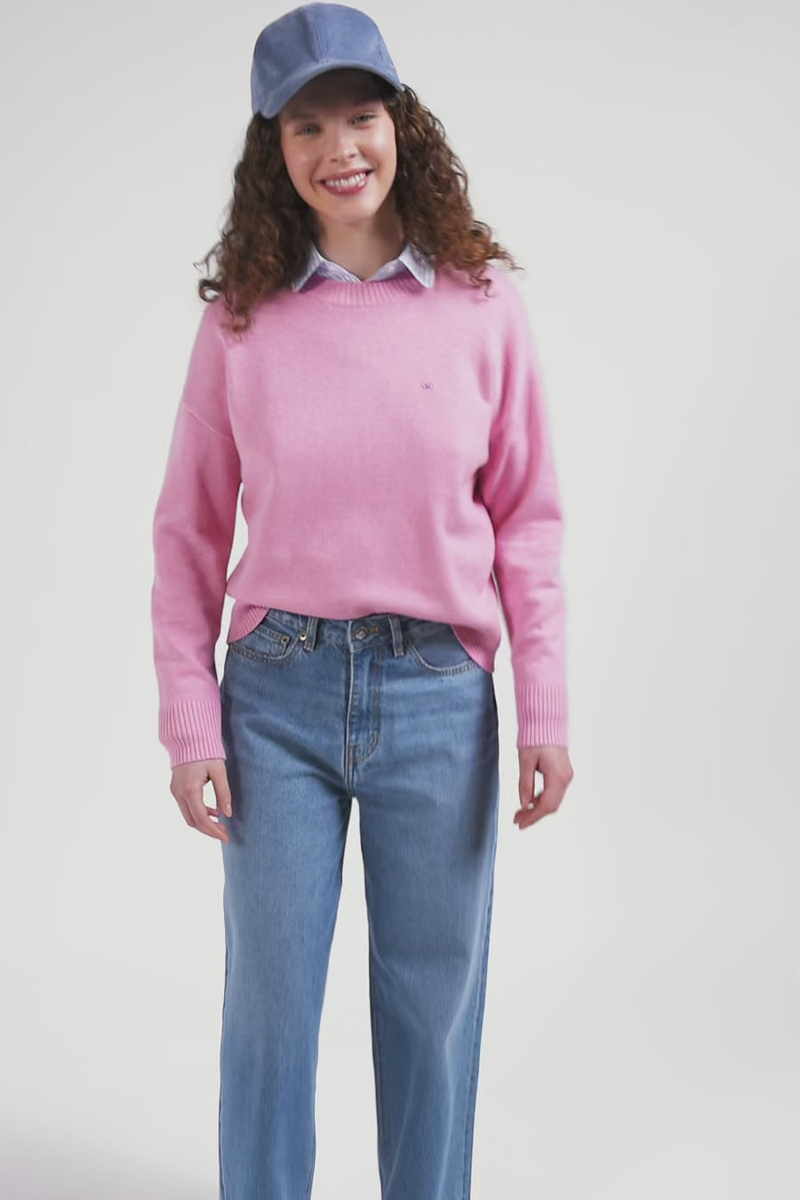 Pull col rond en laine et coton rose coupe Relaxed