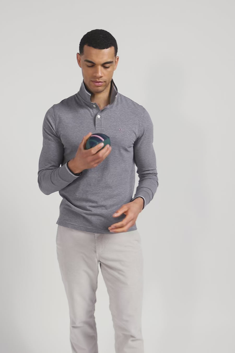 Slim grey long-sleeved stretch cotton polo shirt with striped finishes