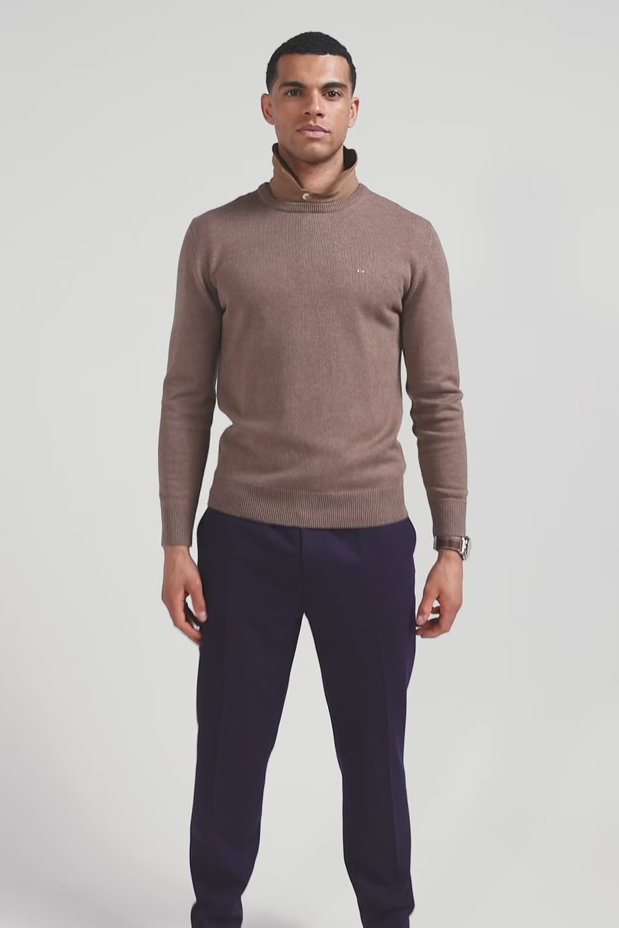 Regular brown wool and cotton crew neck jumper