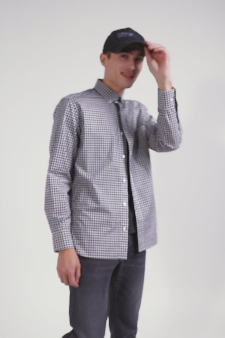 Regular navy and white checked cotton poplin shirt