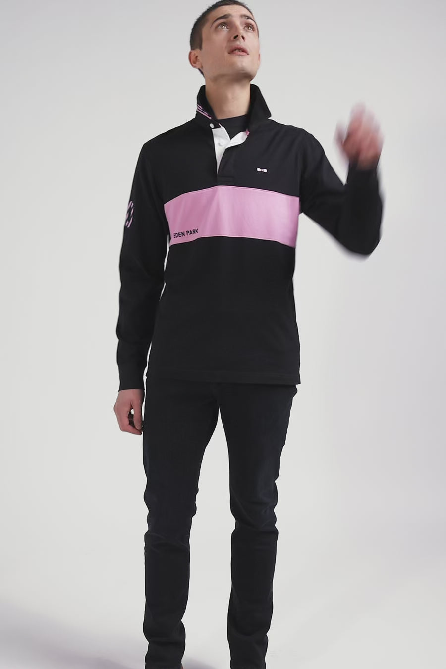 Regular long-sleeved cotton rugby shirt with navy and pink stripes