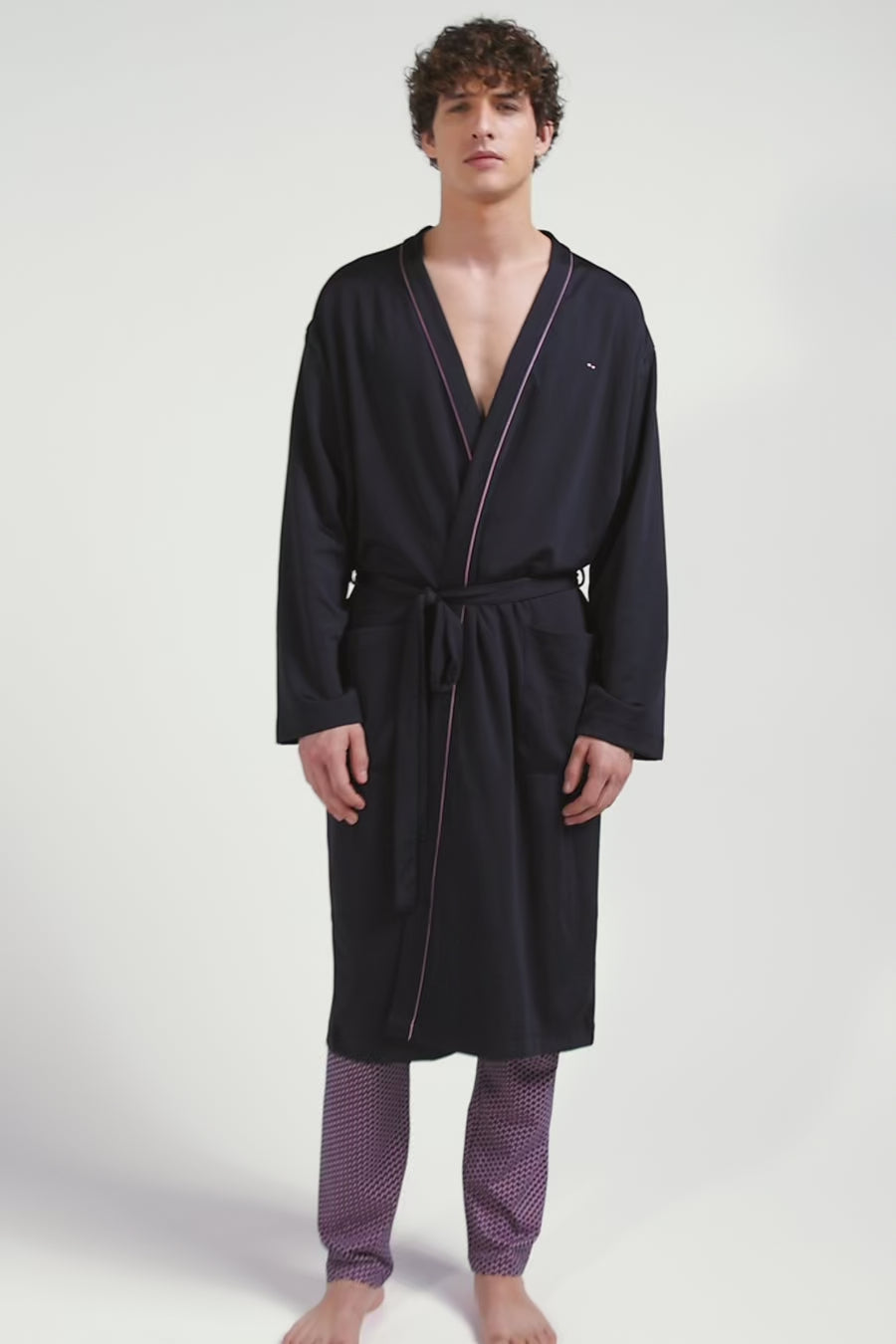 Navy blue terry cloth bathrobe