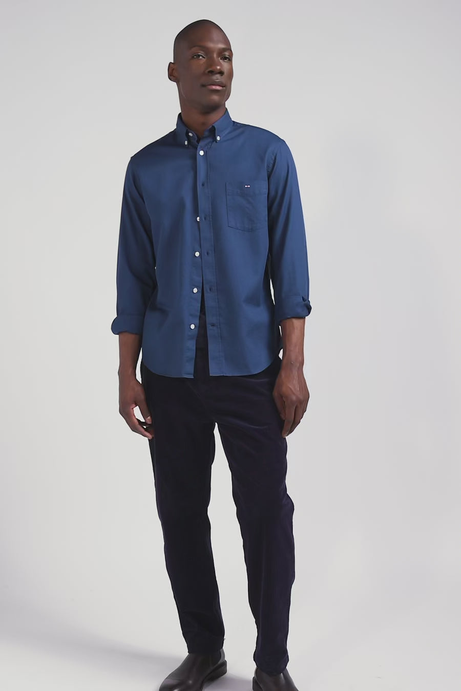 Regular plain blue piqué cotton shirt